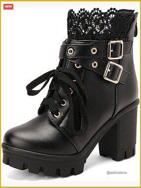 Goth Platform Boots Chunky Heel Ankle Booties Punk Buckle Lace Up Zip Shoes
